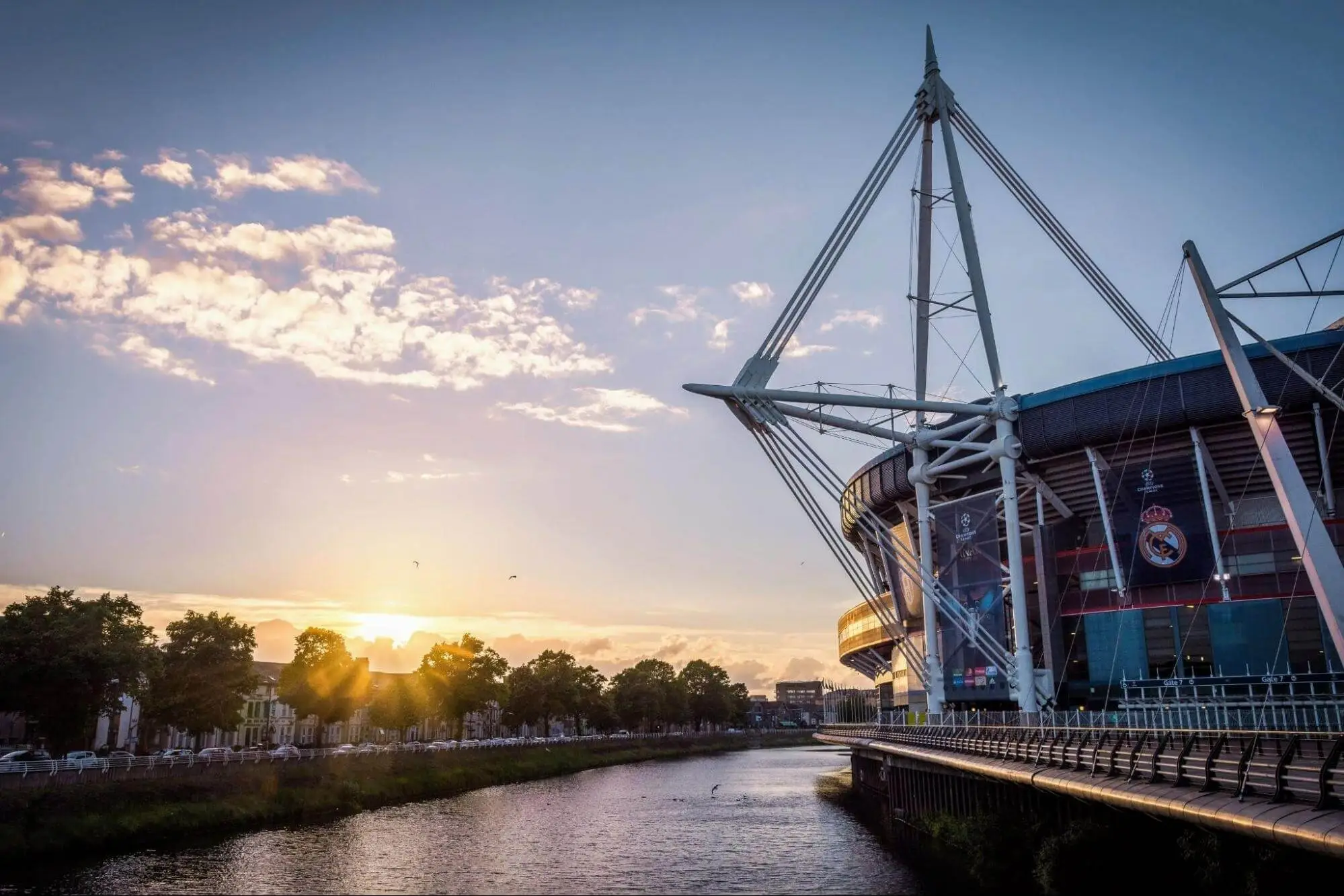 River Taff and Principality Stadium in central Cardiff at sunset