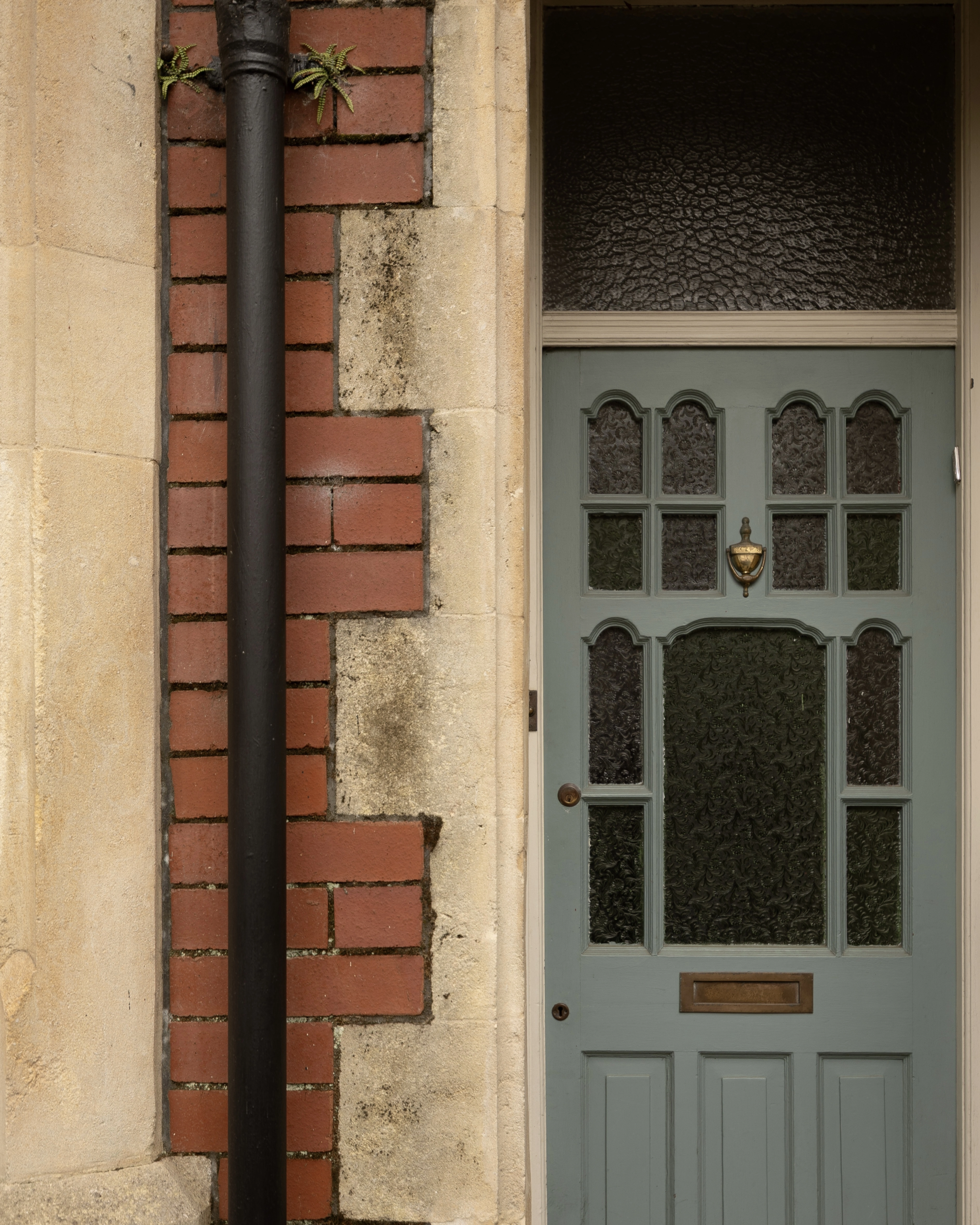 Sage green panelled front door with brass knocker on a Victorian stone and brick house