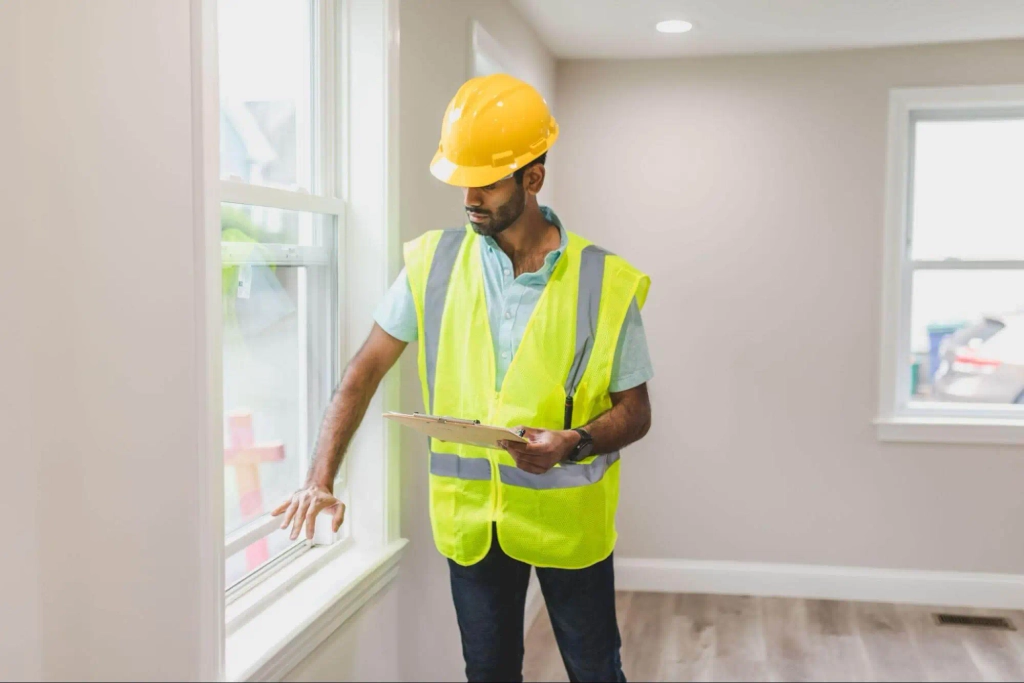 Property inspector checking a window during a home inspection